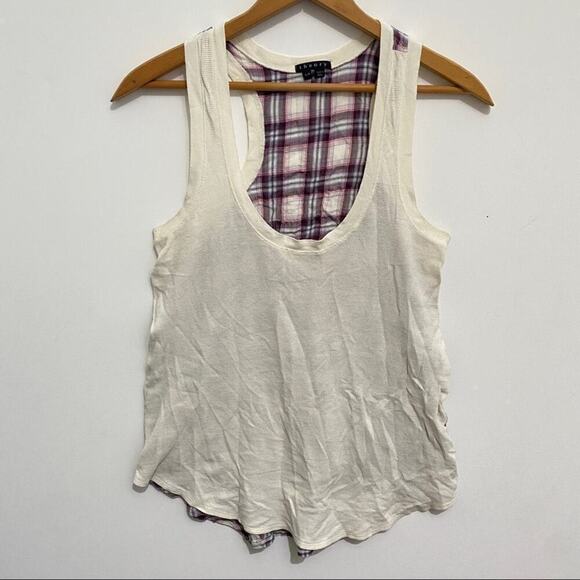 Theory Ivory Cotton Blend Tank Top with Plaid Back Panel Round Scoop Neck Fall S - Picture 1 of 7